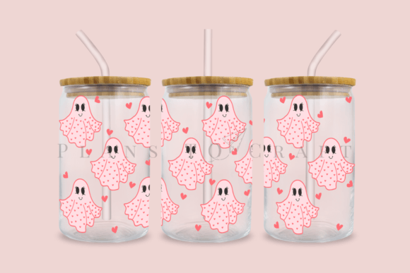 Pink ghosts + hearts | 16oz glass can