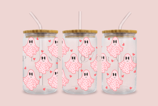 Pink ghosts + hearts | 16oz glass can